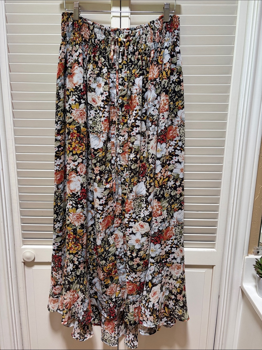 Promesa Black Floral Button-Front Maxi Skirt with Rust and Cream Accents